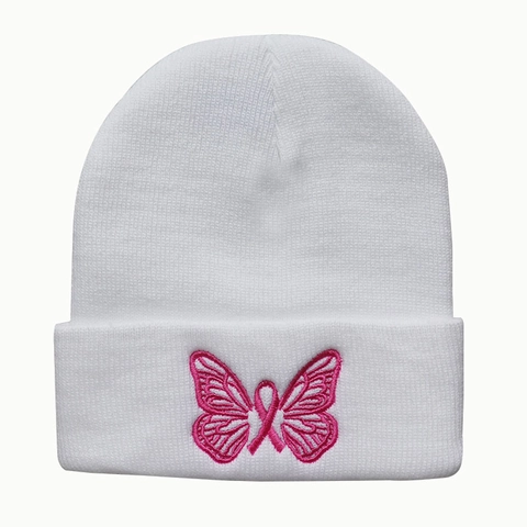 Butterfly Embroidery Knitted Beanie Hat Acrylic Warm Winter Cold Cap Pink Ribbon Awareness For Women Men