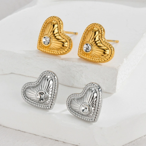 Pendientes De Botón De Corazón Acero Inoxidable Con Circón Textura Radial Borde De Cuerda Joyas Elegantes Para Mujeres