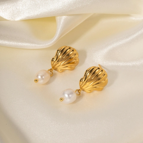 Boucles d'Oreilles Pendantes en Acier Inoxydable Plaqué Or Coquille Künstliche Perle Vintage Français Élégant Bijoux de Plage Femme