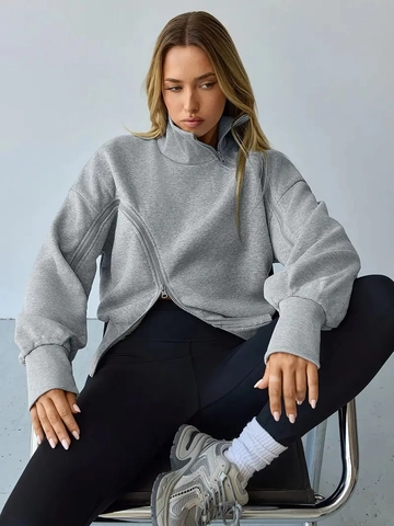 Dames Sweatshirt Asymmetrische Schuine Rits Opstaande Kraag Katoenmix Lange Mouwen Losse Casual Trui Grijs