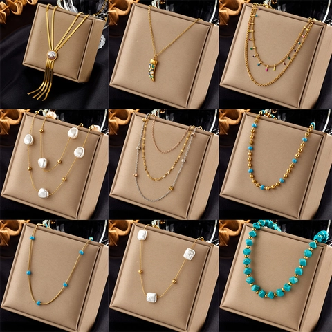 Stainless Steel Artificial Pearl Enamel Pendant Necklace Retro Gold Chain Tassel Beaded Necklace For Women Jewelry
