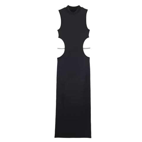 Ärmelloses Maxikleid Stehkragen Seitlicher Ausschnitt Strasskette Hochelastisch Bodycon Abendparty Langes Kleid Für Damen