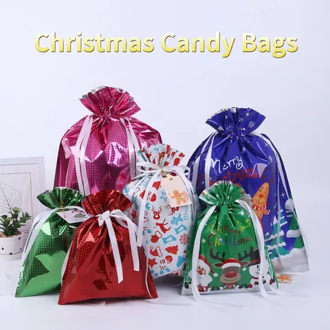 Christmas Gift Bags Drawstring Ribbon Laser Aluminum Foil Plastic Holiday Candy Wrap Reusable Santa Reindeer Snowflake Style