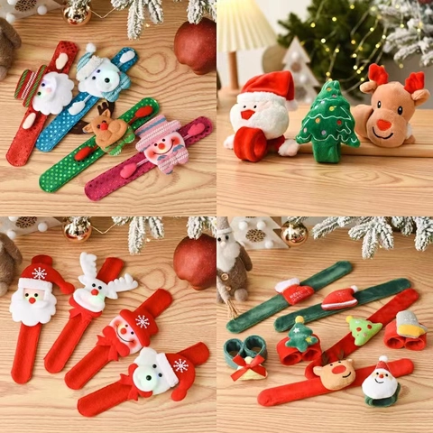 Christmas Slap Bracelets LED Light Up Cartoon Santa Claus Reindeer Snowman Velvet Sequins Party Favors For Kids Gifts
