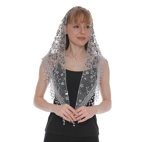 Damen Polyester Spitze Dreieckstuch Blumen Stickerei Hohlraum Schal Quaste Anhänger Elegant Retro Mantilla Schleier Wrap