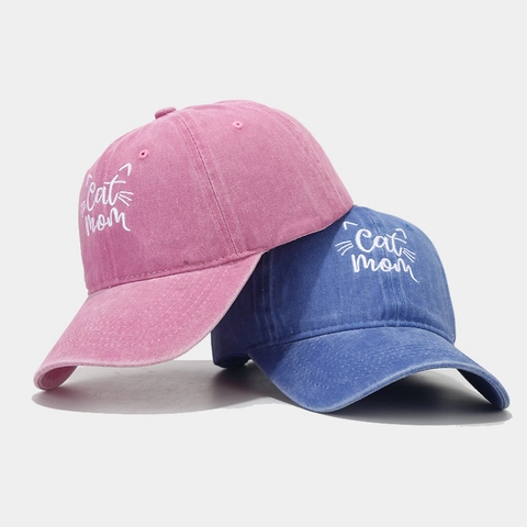 Casquette De Baseball En Coton Lavé Broderie Cat Mom Vintage Distressed Chapeau De Soleil Ajustable Extérieur Cadeau Pour Femmes