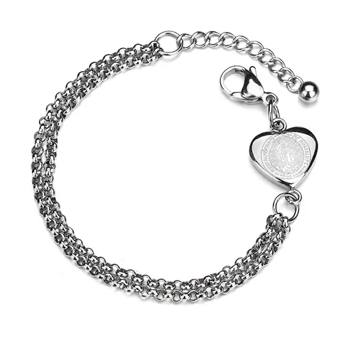 Bracelet Double Couche En Acier Inoxydable Pendentif Coeur Notre Dame De Guadalupe Médaille Religieuse Minimaliste Réglable Femmes