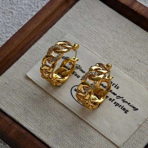 Geometric Hoop Earrings Copper With Silver Earring Post Chain Link Cubic Zirconia Inlaid Gold Plated For Women