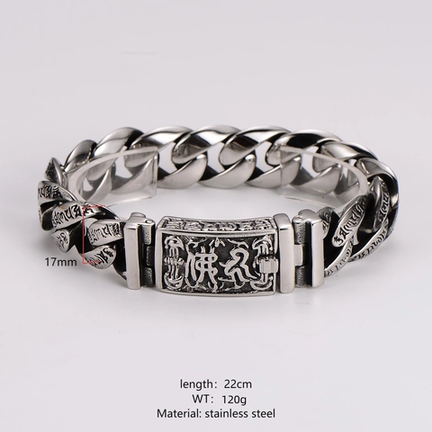 Pulsera De Cadena Cubana Retro Acero Inoxidable 304 Grabado Mantra Budista Tótem Religioso Punk Hip Hop Hombre