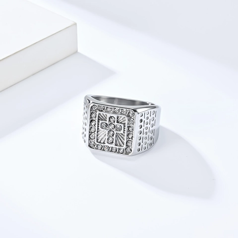 Anillo de Acero Inoxidable Hip Hop Cruz con Diamantes de Imitación para Hombre Mujer Punk Religioso Joyería Chapado Oro Plata