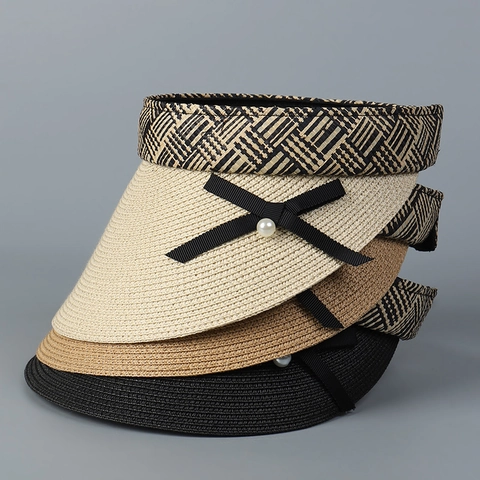 Open Top Straw Hat For Women Elegant Paper Raffia Sun Visor Wide Brim Ribbon Bow Faux Artificial Pearl Decor Summer Breathable