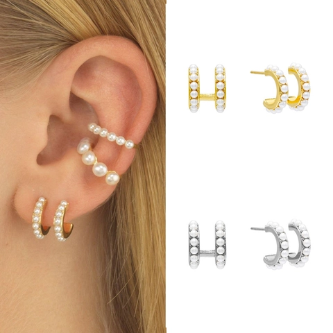 Orecchino Di Künstliche Perle A Doppia Fila In Rame A Forma Di C Con Perno In Argento Sterling 925 Zircone Gioiello