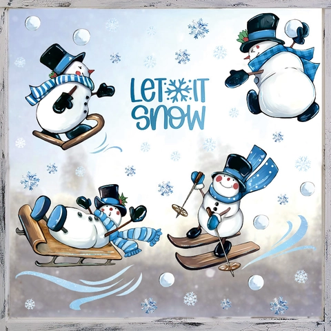 Kerst Sneeuwpop Muurstickers PVC Waterdicht Zelfklevend Wintervakantie Huisdecoratie Sneeuwvlokken Let It Snow