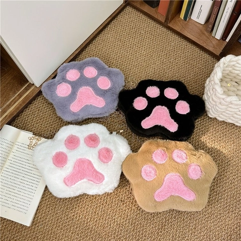 Women's Cute Plush Bear Paw Shoulder Bag Korean Style Faux Fur Crossbody Bag With Metal Chain Small Round Round Purse Handbag
