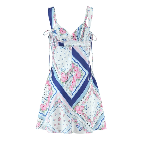 Florales Mini-Kleid Satin Spaghettiträger V-Ausschnitt Spitzenbesatz Schleife Sexy Sommer Ärmellos Schlanke Passform Für Damen