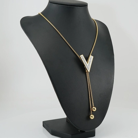 Damen 18K Vergoldet Edelstahl Lange Pullover Halskette Geometrische V-Form Strass Verstellbare Box Kette