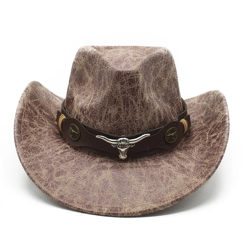 Western Cowboy Hoed Vintage Kunstleer Textuur Metalen Bull Head Decor Brede Rand Outdoor Zonbescherming Jazz Hoed