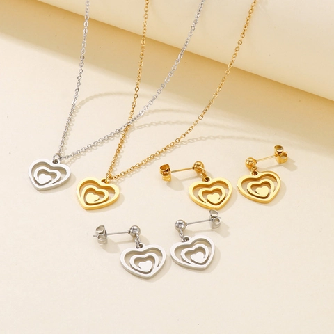 Heart Necklace And Earrings Stainless Steel Hollow Nested Heart For Women Minimalist Korean Style Fashion Accessory