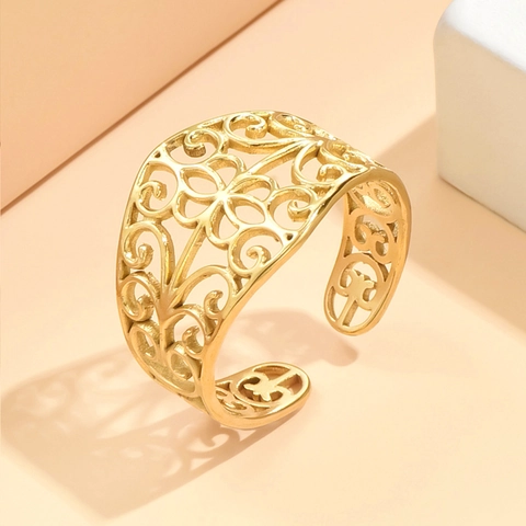 Hollow Filigree Pattern Open Ring Stainless Steel Gold Plated Retro Palace Style Elegant Adjustable Jewelry For Women