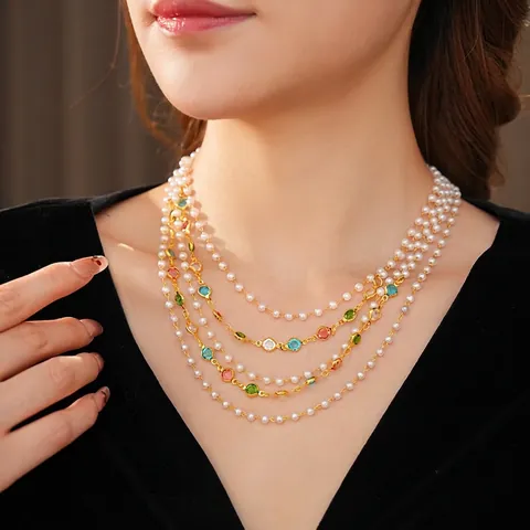 Collana Multistrato Di Künstliche Perle Sintetiche Vintage Con Pietre Di Vetro Colorate Catena In Lega Dorata Stile Barocco Per Donne