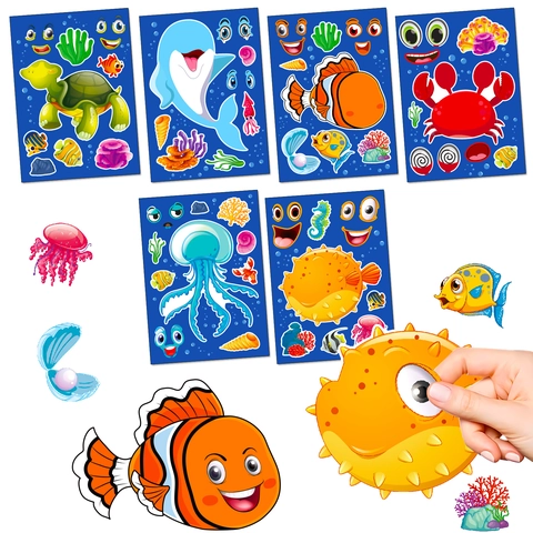 Adesivi Crea Un Volto Animali Marini DIY Adesivo Puzzle Vita Marina Tartaruga Delfino Pesce Granchio Medusa Giocattolo Educativo Regalo Per Bambini