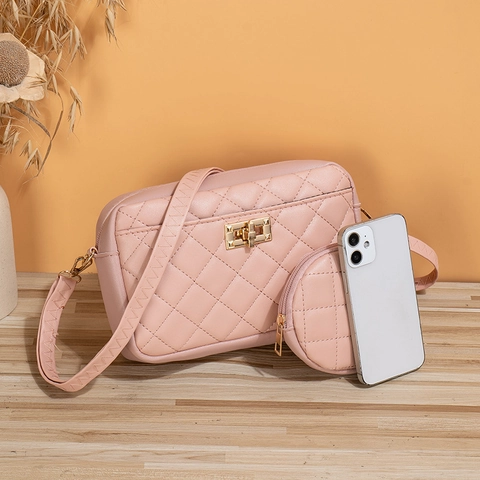 Women Quilted Crossbody Bag PU Leather Rhombus Pattern Gold Metal Lock Fashion Square Handbag And Round Coin Purse