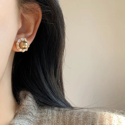 Vintage Round Faux Artificial Pearl Stud Earrings With Silver Earring Post Cubic Zirconia Halo French Style Elegant Jewelry For Women