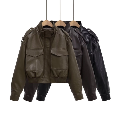 Veste En Similicuir PU Femme Style Moto Courte Streetwear Col Montant Multi Poches Fermeture Éclair