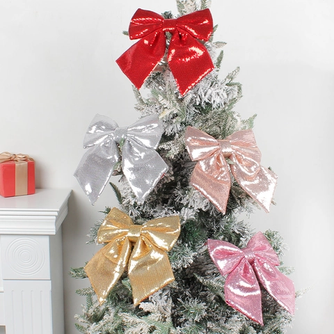 Large Christmas Bow Sparkly Sequin Glitter Ornament For Xmas Tree Decoration Party Home Festive Hanging Decor