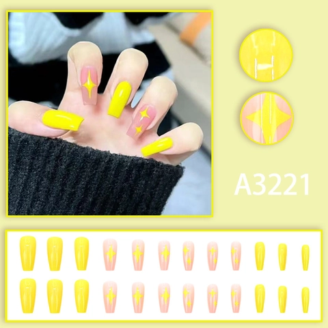 Unghie Finte Lunghe Coffin Giallo Limone Stile Caramella Motivo Stella Lucide Unghie Artificiali Per Donne Ragazze
