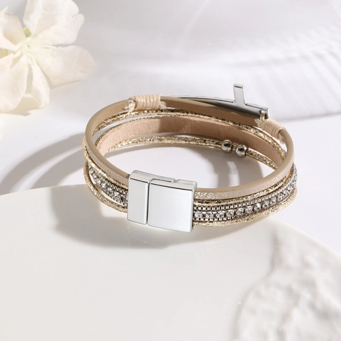 Bohemian Multi Layer Bracelet PU Leather Rhinestone Alloy Cross Blessed Magnetic Clasp Fashion Women Jewelry