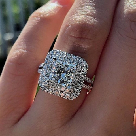 Square Princess Cut Cubic Zirconia Ring Double Halo White Gold Plated Geometric Fashion Jewelry For Women