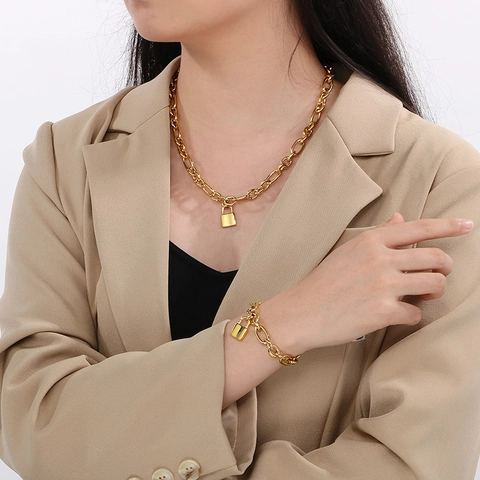 Conjunto De Joyas De Collar Y Pulsera De Acero Inoxidable Con Colgante De Candado Cadena De Eslabones Gruesos Estilo Hip Hop Unisex