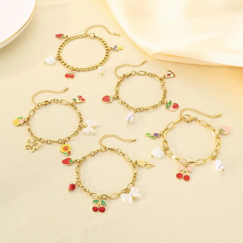 Charm Bracelet Stainless Steel With Fruit Flower Enamel Pendants And Plastic Artificial Pearl Adjustable Fashion Jewelry For Women