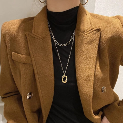 Collana Doppio Strato Acciaio Al Titanio Pendente Ovale Irregolare Geometrico Catena Graffetta Stile Punk Minimalista Per Donne