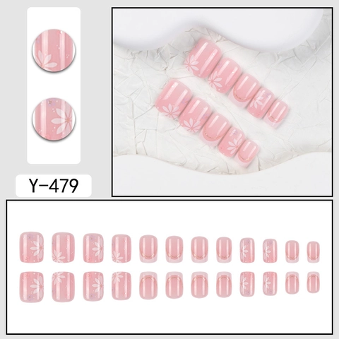 French Style Press On Nails Nude Pink Fake Nail Tips White Flower Patterns Gold Glitter Short Square Artificial Manicure For Women