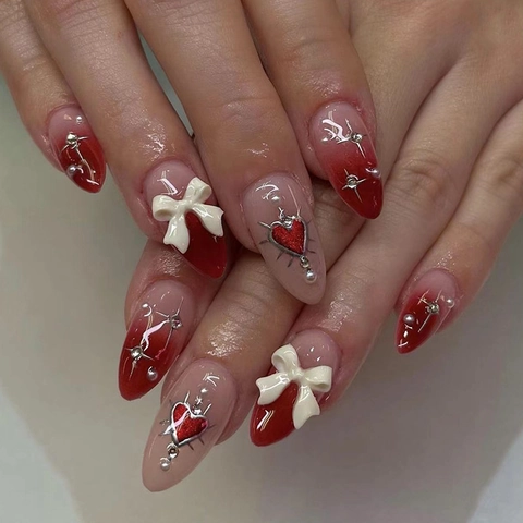 Valentine's Day Press On Nails 3D Bow Pearl Heart Gradient Red Almond Shape Soft Gel Fashion Decorative Manicure Accessories