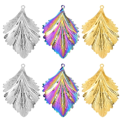 Collana Con Pendente A Foglia Acciaio Inossidabile Texture Naturale Placcato Oro 18K Argento Arcobaleno Gioielli Per Donna