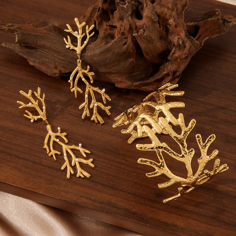Vintage 18K Placcato Oro Acciaio Inossidabile Ramo Di Corallo Bracciale Rigido E Orecchini Di Künstliche Perle Per Donne Retrò