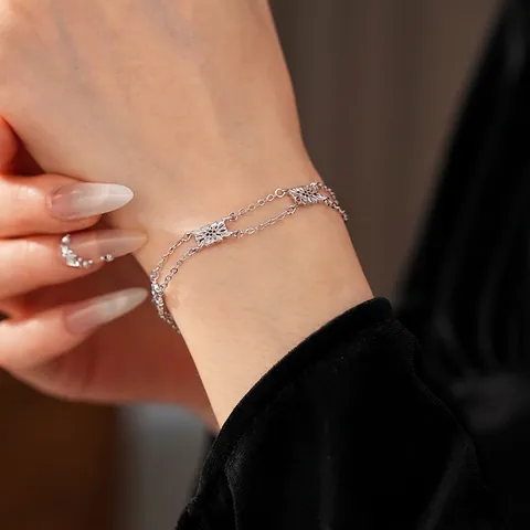Women Double Layer Chain Bracelet Copper Hollow Square Flower Starburst Retro Elegant Adjustable Silver Plated Jewelry