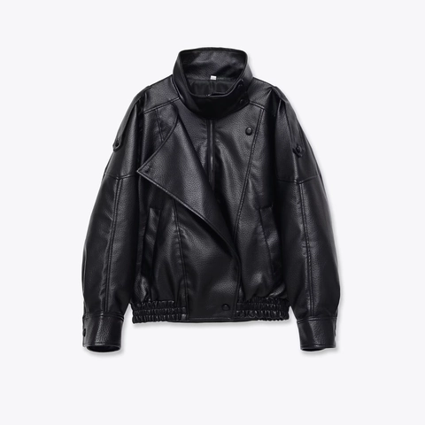 Women Faux Leather PU Moto Jacket Stand Collar Long Sleeve Retro Biker Bomber Outerwear Vintage Solid Color Zipper