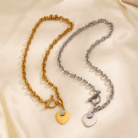 Stainless Steel Heart Pendant Necklace And Bracelet With OT Clasp For Women Rhinestone Inlaid Hip Hop Fashion Jewelry