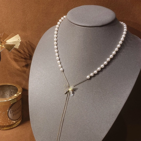 Collier Gland Künstliche Perle Papillon Pour Femme Réglable En Forme De Y Strass Acier Titane Bijoux Élégants Délicats
