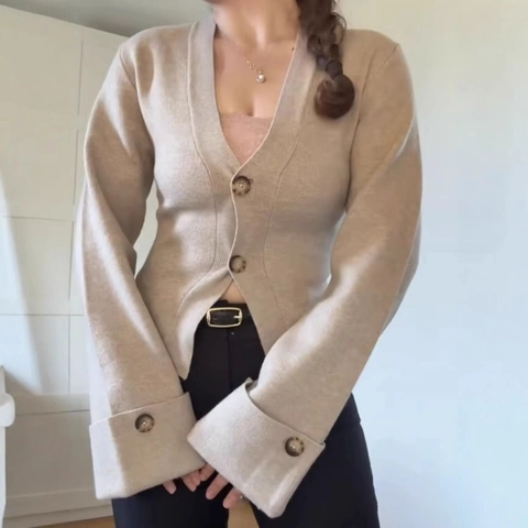 Cardigan In Maglia Da Donna Maglione Poliestere Spandex Scollo A V Con Bottoni Manica Lunga Vestibilità Aderente Casual Chic