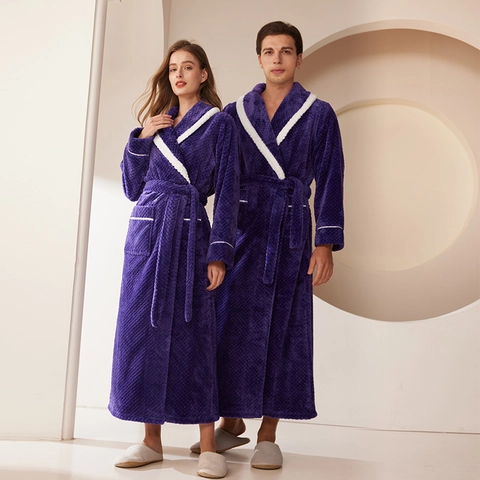 Unisex Flannel Bathrobe Long Nightrobe Thickened Shawl Collar Contrast Trim Waffle Texture Winter Sleepwear Loungewear For Couples