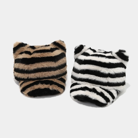 Casquette De Baseball En Fausse Fourrure Avec Oreilles De Chat Motif Rayures Animales Hiver Chaud Épais Femme