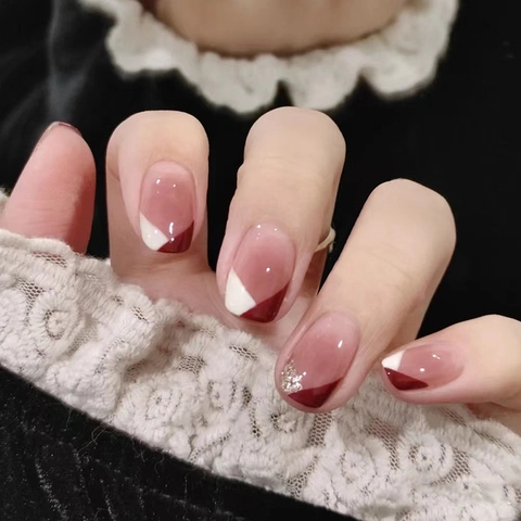 Wine Red Geometric French Press On Nails Short Square Round Glossy Blush False Nails With Gold Glitter Elegant