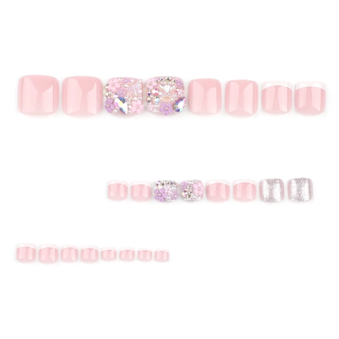 Französisch Weiß Rosa Fußnägel Zum Aufdrücken Mit 3D Harz Blume Strass Dekor Kurz Quadratisch Falsche Zehennägel Für Damen
