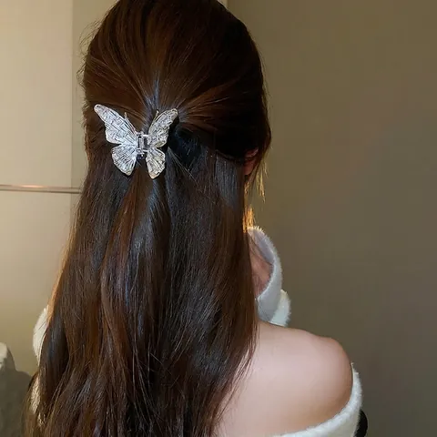 Pince À Cheveux Papillon Argent Alliage Cuivre Avec Zircon Strass Élégante Pince Araignée Arrière Pour Femmes Mode