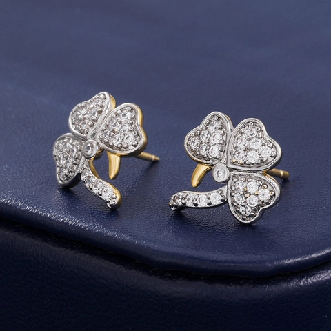 Elegant Clover Zirconia Stud Earrings For Women With 925 Sterling Silver Post Micro-set Zircon Flower Two-tone Fashion Jewelry